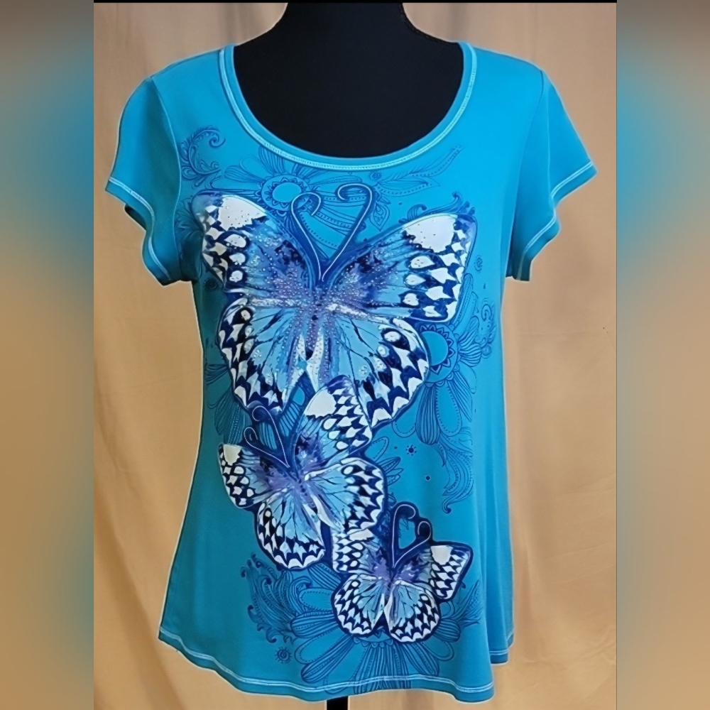 Y2K "Blue Canyon" Blue Tee-shirt With A Butterfly Design Rhinestone Embellishmet